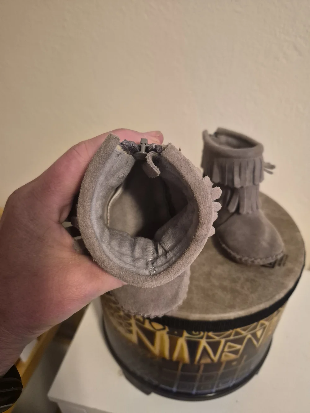 Baby Fringe Suede Booties in Grey